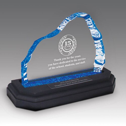 blue 15 years of service acrylic iceberg on a black walnut base