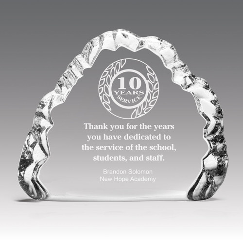 crystal iceberg award recognizing 10 years of dedication to the service of the school, students, and staff
