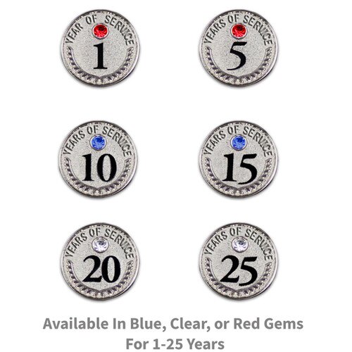 1, 5, 10, 15, 20, & 25 years of service gem lapel pins