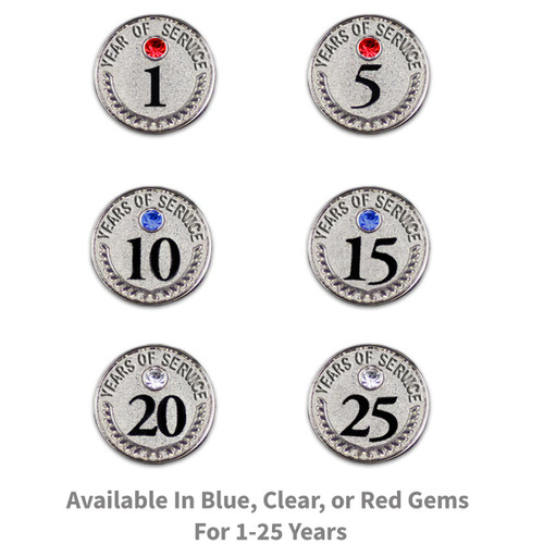 1, 5, 10, 15, & 20 years of service gem lapel pins