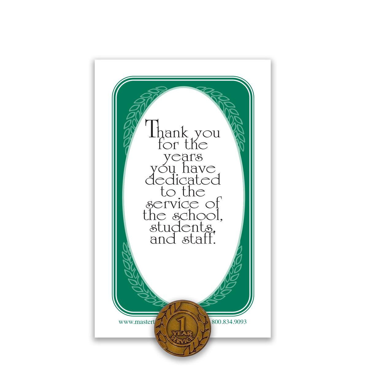 1 Year of Service Antique Gold Tone Lapel Pin with Thank You Message