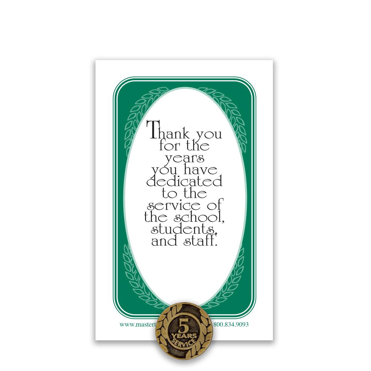 5 Years of Service Antique Gold Tone Lapel Pin with Thank You Message