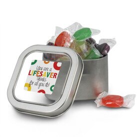 square tin with you are a lifesaver message and individually wrapped lifesavers