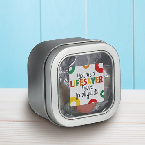 square tin with you are a lifesaver message and individually wrapped lifesavers