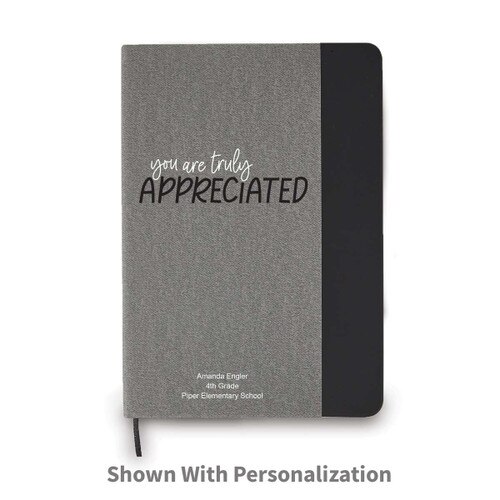 heather gray journal with black accents and truly appreciated message and personalization