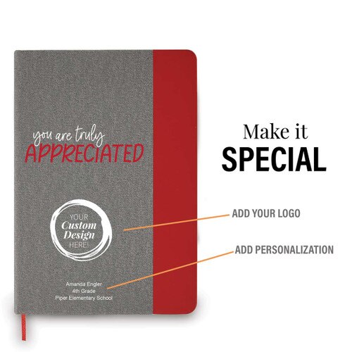 heather gray journal with red accents and truly appreciated message and add your logo
