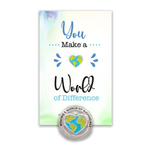 This Colorful Metal Lapel Pin Features The Inspirational Message “Making A World Of Difference” And Comes Attached To A Keepsake Card.