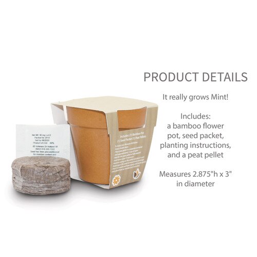 flower pot with peat pellet and seed packet with product details