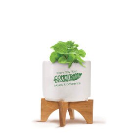 Bamboo Stand With White Ceramic Pot. Inspirational Saying: Every Day, Your Commit-Mint & Encourage-Mint Makes A Difference.