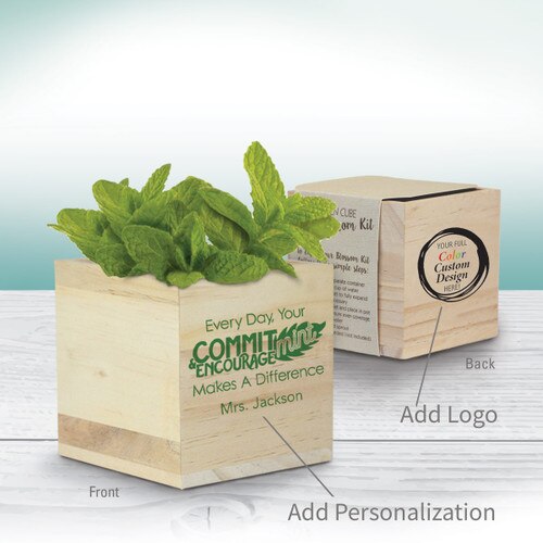 commit-mint wooden cube plant kit with personalization and add you logo