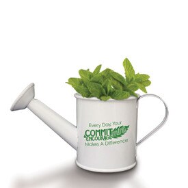 A Mini White Watering Can Grow Kit Featuring The Inspirational Message: Every Day, Your Commit-Mint & Encourage-Mint Makes A Difference. Grows Mint.