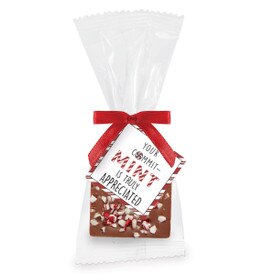 Bite-size Belgian chocolate square with crusted peppermint topping. Inspirational card reads “Your Commit-Mint Is Truly Appreciated”