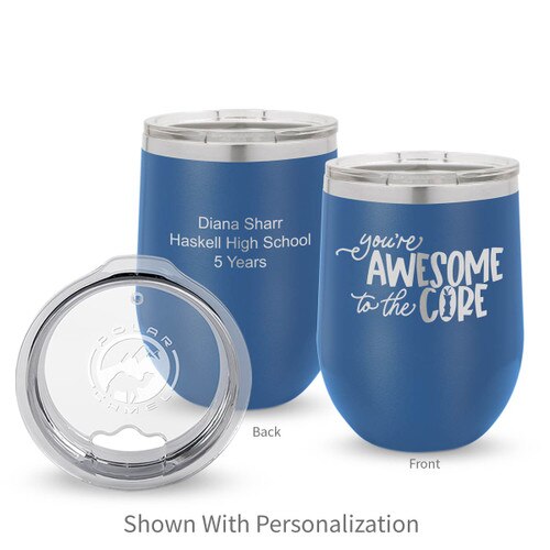 blue 12 oz. stainless steel tumbler with awesome to the core message and personalization